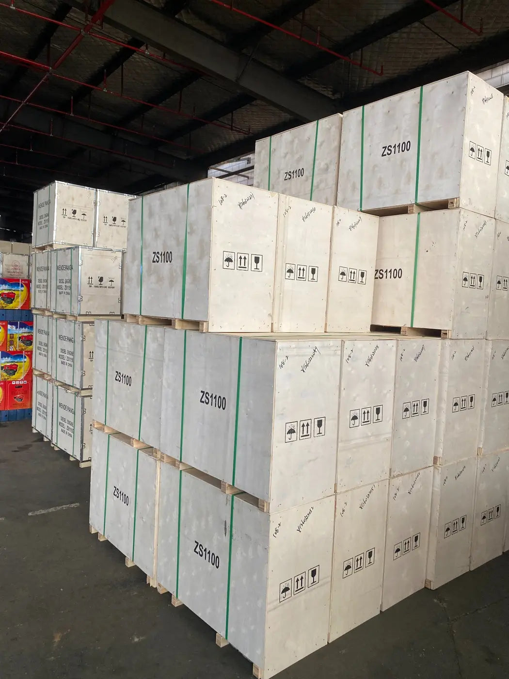 Wooden crates prepared for diesel engine shipment