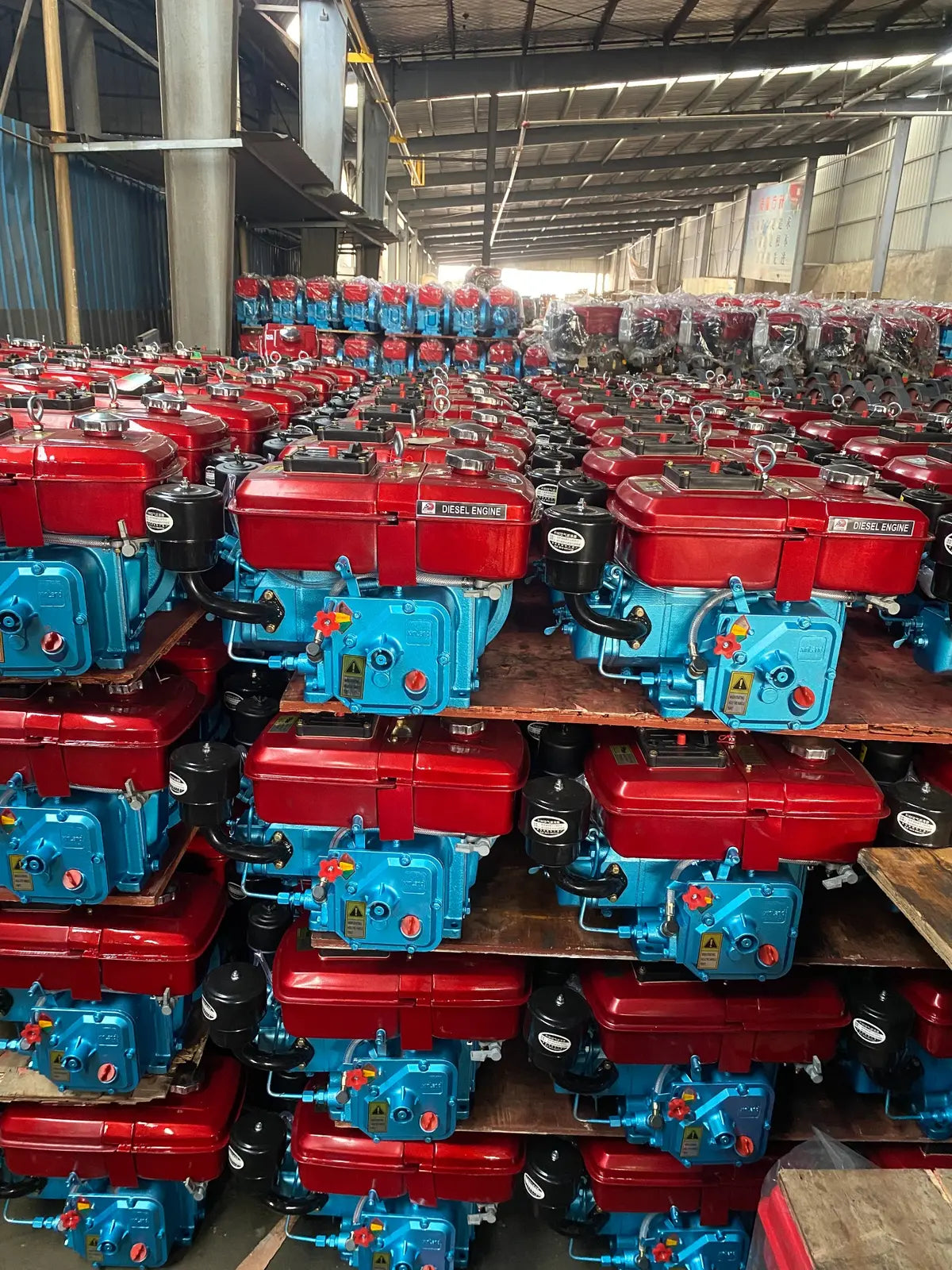 Rows of finished AOKAI diesel engines in the factory